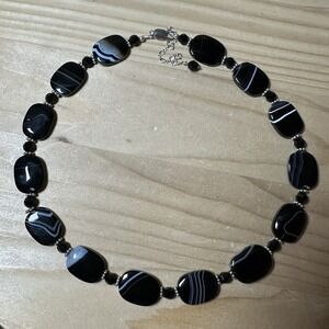 Vintage Artisan Bead Necklace 18 Inch Botswana Black Agate 925‎ Sterling 51.0g